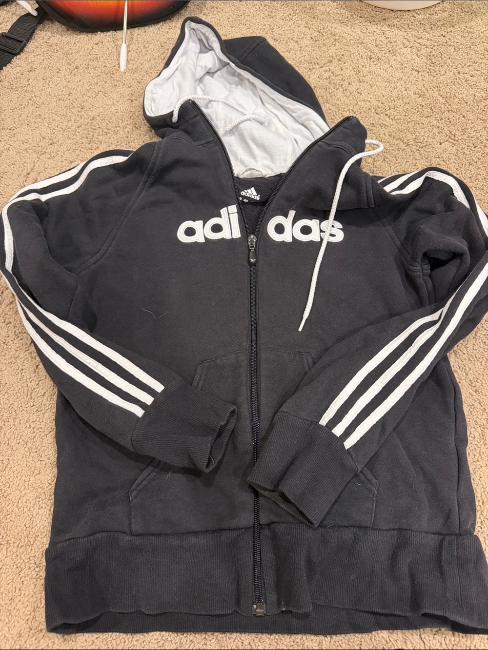 adidas Black Kids Hooded Zip Jacket with White Stripe Accents